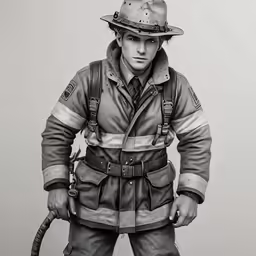 a man in fire fighter gear and boots holding a hose