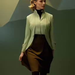 a model wearing a green jacket and skirt