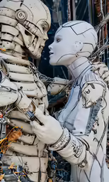 a woman and a robot talking in front of an artificial display