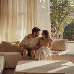a man and a woman on a sofa looking at each other