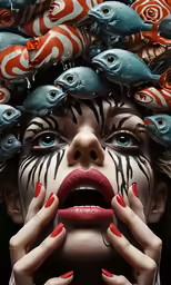 a woman with many fish and makeup