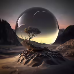 a tree in a bowl like landscape with the sun setting behind it