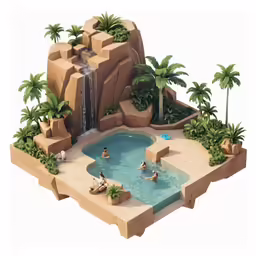 a pool of water with several rocks and palm trees next to it