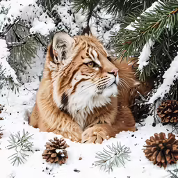 a large cat sitting on top of a pile of snow covered ground
