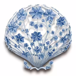 a blue basket with flowers and small leaves