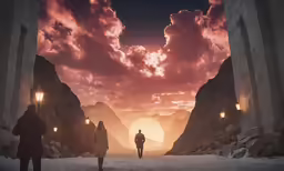 three people standing in a valley at sunset