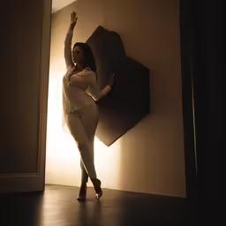 a woman in a white dress poses in front of a wall with a shield behind it