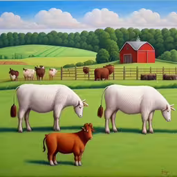 cows are grazing in the green grass,a painting of cows and a horse in a green pasture