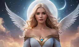 a woman wearing white and gold standing on a night sky with angel wings