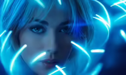 a woman with blue hair and neon lights