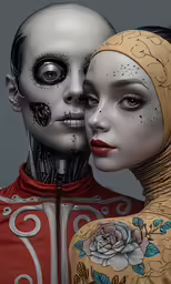a couple with skulls on their faces, wearing full body make - up