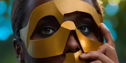 woman wearing golden mask covering her face with hands
