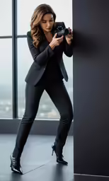 a woman in black suit standing next to a tall building