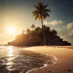 a beach with a palm tree and waves on the shore