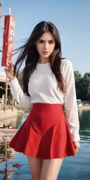 a young woman wearing a skirt posing for a portrait