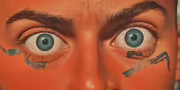 an adult with face paint has scissors on his cheek