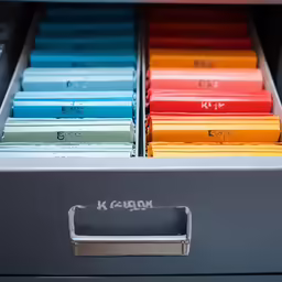 several multicolored file drawers in an office