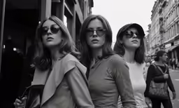 three women walking in the street with their reflection on them