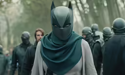 a person in batman costume surrounded by soldiers