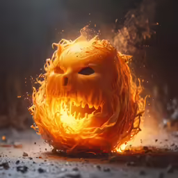 a creepy fire ball with a demon head on it