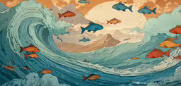 a big wave with a lot of fish in it,a group of fish floating in the middle of a wave