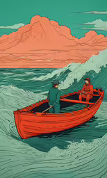 a couple of people in a red boat in a body of water,two men in a boat in the water