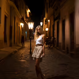 a woman standing on the street in an alley,girl with blond hair standing in an old city alley