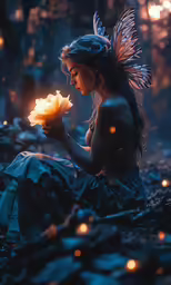 the young woman is sitting with her fairy tale flower