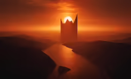 the sun sets behind an image of a large tower in a lake