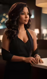 a woman standing next to a counter wearing a black dress