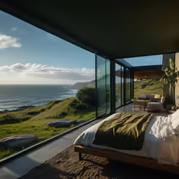 a bed with green blankets on a sandy beach