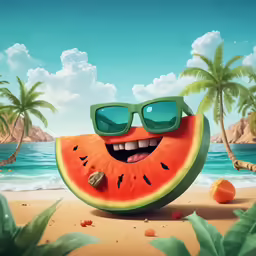 the watermelon is smiling and wearing sunglasses