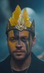 man wearing a yellow and black tiger painted crown