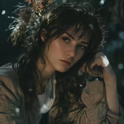 a woman with long dark hair and a floral headpiece