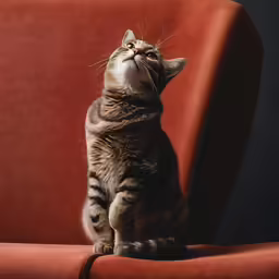 a cat looking up at the sky and is seated on a red chair