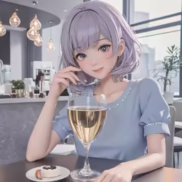 a woman with purple hair sitting at a table