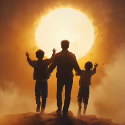 three people walking along side of the sun holding hands