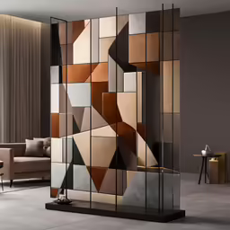 an unusual wall with geometric patterns is featured in this modern living room