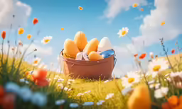 many eggs are in a basket surrounded by daisies