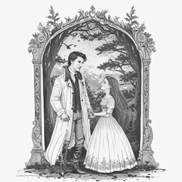 a man and a woman standing under a tree near a forest