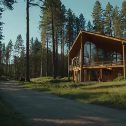a house with a wooden roof is near some tall trees