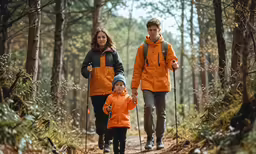 two people are walking along a trail in the woods