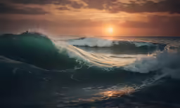 a sun setting behind a massive wave in the ocean
