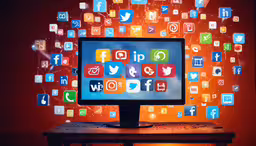 a monitor with icons on top of it,a computer monitor sitting on top of a desk covered with icons