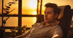 a man laying down in an arm chair at sunset,a man is sitting down and looking into the distance