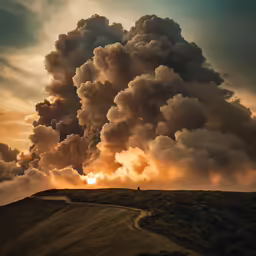 a large plume of smoke rises from the clouds