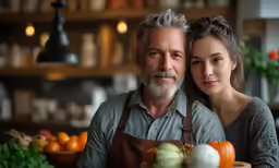 a man and a women are posing next to vegetables