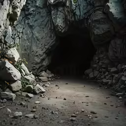 there is some rocks with a plant growing in it