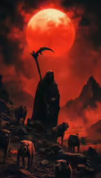 an image of a wizard standing in front of a red moon