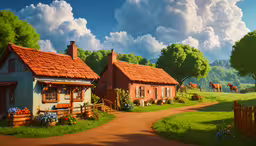 a beautiful cottage with animals grazing on the grass,a painting of houses with a sky background